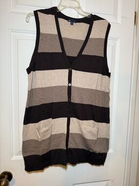 Gap Sleeveless Striped Long Sweater Vest XXL Brown Tan Ivory Knit Soft Cotton